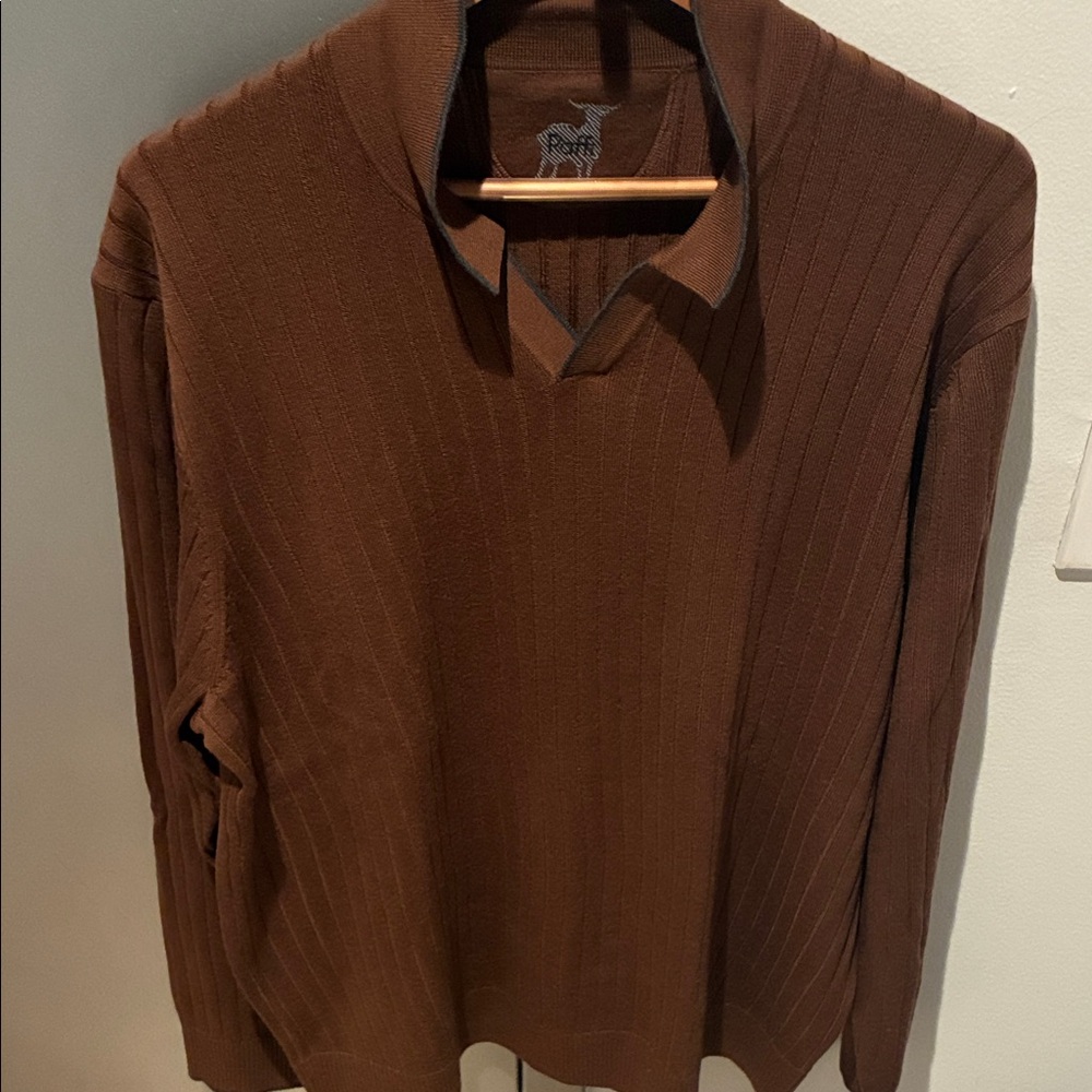Raffi Brown Ribbed Knit Polo Sweater – Luxury Cotton Blend – Made in Peru